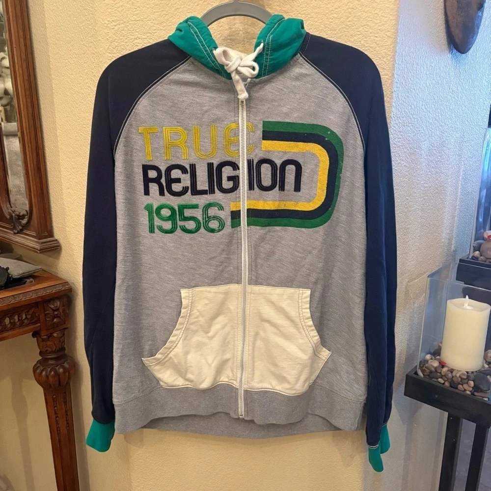 Vintage TRUE RELIGION Men Y2K Rainbow Hoodie Zipped Jacket Size XL